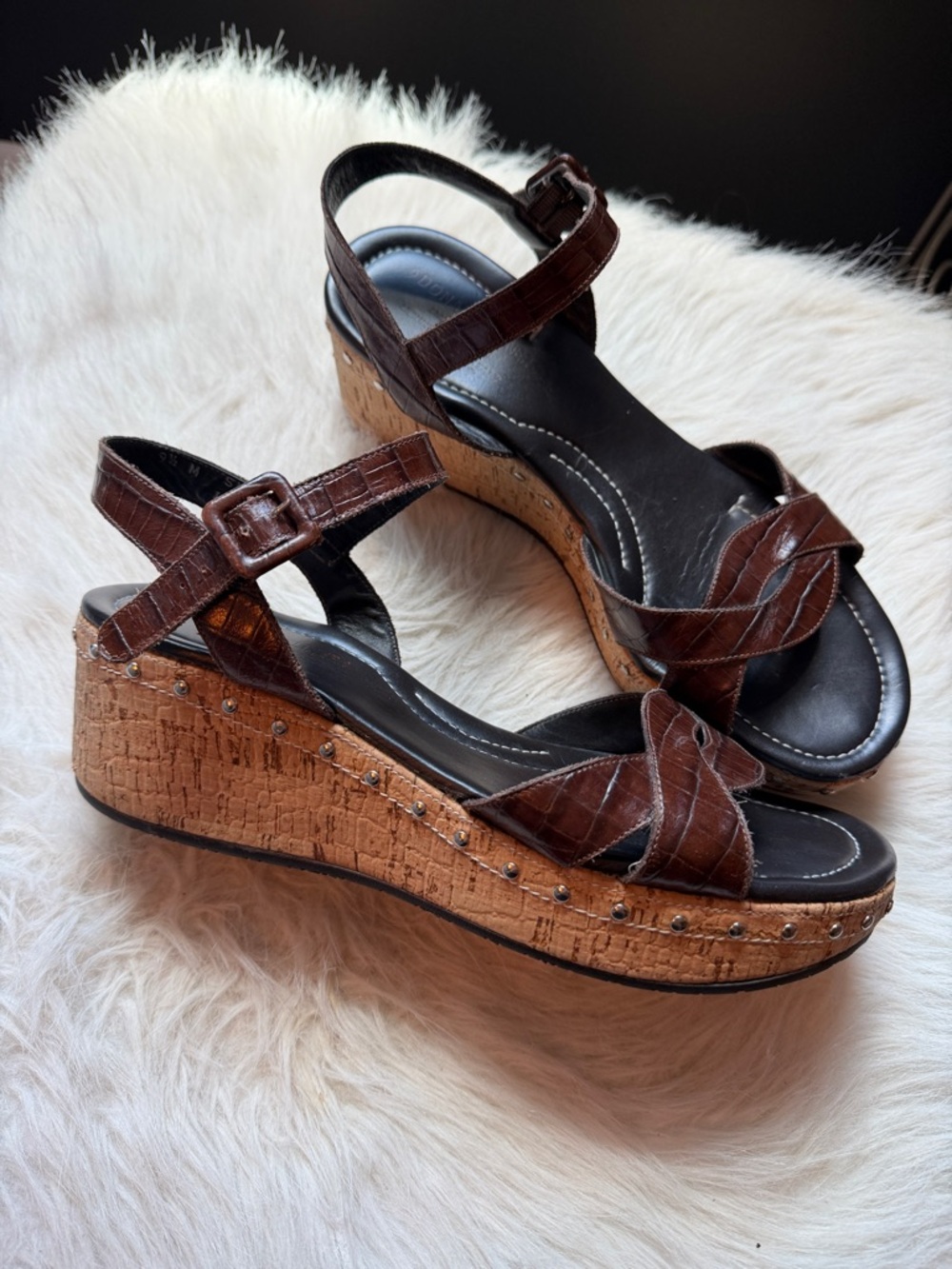 Donald J. Pliner brown croc-embossed cork wedge sandals